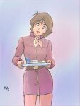  1girl belt brown_eyes brown_hair collared_dress dress earth_federation food fraw_bow freckles gundam head_tilt holding holding_tray long_sleeves looking_at_viewer medium_hair mobile_suit_gundam moroboshi_danshaku neckerchief open_mouth sandwich short_dress short_hair signature smile solo thighs tray yellow_neckerchief 