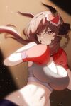  1girl :/ absurdres animal_ears boxing boxing_gloves braid braided_hair_rings breasts brown_hair cleavage closed_mouth commentary_request ear_covers gentildonna_(umamusume) gloves grey_sports_bra hair_rings heart_ear_ornament highres horse_ears horse_girl large_breasts long_hair naseul_777 navel red_eyes red_gloves sidelocks solo sports_bra spotlight stomach umamusume upper_body v-shaped_eyebrows 
