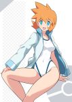  1girl aqua_jacket bangs blue_eyes breasts checkered collarbone commentary competition_swimsuit covered_navel eyelashes hair_between_eyes hand_on_own_knee highres jacket long_sleeves looking_at_viewer misty_(pokemon) one-piece_swimsuit open_clothes open_jacket open_mouth orange_hair pokemon pokemon_(game) pokemon_hgss revision sakuraidai short_hair smile solo swimsuit track_jacket white_swimsuit 