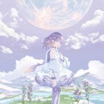  1girl absurdres cape cloud cloudy_sky collar colored_inner_hair commentary_request detached_sleeves dress ear_ornament floating_cape floating_hair flower from_side full_moon grass hand_on_own_chest hand_up highres ice indie_utaite jewelry looking_ahead medium_hair moon mountainous_horizon multicolored_cape multicolored_hair multiple_rings necklace official_art orange_cape orange_hair outdoors pantyhose parabolic_antenna parted_lips pleated_dress puffy_sleeves purple_cape purple_collar purple_eyes purple_flower purple_hair purple_pantyhose revision ring river second-party_source shiho_(utaite) sky solo sparkle standing star_(symbol) star_necklace white_dress yur1ca 