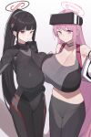  2girls absurdres black_bodysuit black_hair black_halo black_pants blue_archive blunt_bangs bodysuit breasts eimi_(armed)_(blue_archive) eimi_(blue_archive) grey_sports_bra halo head-mounted_display highres huge_breasts impossible_bodysuit impossible_clothes kurowanjjyang long_hair looking_at_viewer multicolored_halo multiple_girls official_alternate_costume official_alternate_hairstyle pants pink_eyes pink_hair ponytail red_eyes rio_(armed)_(blue_archive) rio_(blue_archive) sports_bra tight_clothes tight_pants two-tone_halo 