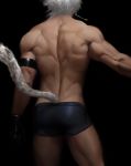  2019 animal_humanoid arknights black_background butt clothing cloudbox9 felid felid_humanoid gloves handwear hi_res humanoid male mammal mammal_humanoid muscular muscular_humanoid muscular_male pantherine pantherine_humanoid rear_view silverash_(arknights) simple_background snow_leopard_humanoid solo underwear 