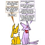  1:1 2_tails bell bell_collar black_eyes collar comic dialogue duo eeveelution embarrassed english_text espeon eyes_closed female femboy feral fur gem gender_confusion generation_1_pokemon generation_2_pokemon hand_on_own_head hi_res jolteon long_ears male male/female multi_tail multicolored_body neck_tuft nintendo open_mouth pokemon pokemon_(species) purple_body randomayy ribbons simple_background sitting speech_bubble tail tailless text tomboy tuft unusual_anatomy unusual_tail white_background white_tuft yellow_body yellow_fur 
