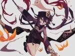  1girl absurdres ankle_socks black_hat black_shoes black_shorts boo_tao_(genshin_impact) bright_pupils brown_hair brown_jacket commentary_request double-parted_bangs fire floating_hair flower-shaped_pupils full_body genshin_impact ghost grin hair_between_eyes hat highres hu_tao_(genshin_impact) jacket long_hair long_sleeves looking_at_viewer pyrokinesis red_eyes ro/ku shoes short_shorts shorts simple_background smile socks solo staff_of_homa_(genshin_impact) symbol-shaped_pupils thick_thighs thighs white_background white_pupils white_socks 