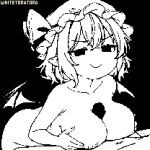  1boy 1girl alternate_breast_size_(larger) animated animated_gif artist_name bat_wings bilingual_commentary breasts breasts_squeezed_together closed_mouth commentary completely_nude english_commentary erection greyscale hat hat_ribbon hetero large_breasts looping_animation medium_hair mixed-language_commentary mob_cap monochrome nude paizuri penis pointy_ears remilia_scarlet ribbon smile touhou whitetoratora wings 