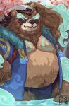  2025 anthro artist_logo asian_clothing asian_mythology belly big_belly blue_clothing blue_eyes brown_body brown_fur canid canine clothing cloud_emanata cloud_print colored digital_drawing_(artwork) digital_media_(artwork) east_asian_clothing east_asian_mythology emanata fundoshi fur ha0haku hand_on_head happi_(clothing) hi_res hot_spring japanese_clothing japanese_mythology leaf league_of_legends logo male mammal moobs mythology navel outside overweight overweight_anthro overweight_male pattern_clothing plant raccoon_dog raised_arm riot_games shaded shimenawa sitting solo spring_(season) tanuki tencent towel tree underwear volibear water 