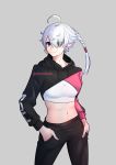  1girl abs ahoge alisaie_leveilleur blue_eyes braid breasts commentary cropped_hoodie edie_crop_hoodie elezen elf english_commentary fila final_fantasy final_fantasy_xiv grey_background hair_over_one_eye hands_in_pockets hood hood_down huge_ahoge midriff pants pointy_ears side_braid single_braid small_breasts smile solo sports_bra supershrimpcakes track_pants twitter_username white_sports_bra 