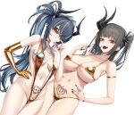  2girls absurdres alternate_costume bahamut_(nikke) behemoth_(nikke) bikini black_hair breasts cleavage closed_mouth commentary cup draw_hyun elbow_gloves gloves goddess_of_victory:_nikke gold_bikini gold_gloves highres holding holding_cup horns large_breasts long_hair looking_at_another medium_breasts multiple_girls navel open_mouth ponytail pubic_tattoo red_eyes simple_background standing swimsuit tattoo teeth tongue upper_teeth_only white_background 
