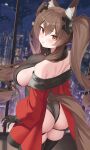 1girl absurdres alternate_breast_size_(larger) angelina_(arknights) animal_ear_fluff animal_ears arknights arknights:_endfield ass back backless_leotard bare_shoulders black_gloves black_leotard black_thighhighs breasts brown_hair chinese_commentary city coat commentary_request dot_nose double-parted_bangs fox_ears fox_girl fox_tail from_behind full_moon gilberta_(arknights) gloves hair_between_eyes hands_on_own_ass headgear high_collar highleg highleg_leotard highres impossible_clothes impossible_leotard indoors kareya_(jixo95821699) large_breasts leotard long_hair looking_at_viewer looking_back moon night off_shoulder open_clothes open_coat orange_eyes red_coat sideboob skindentation solo star_trail tail tail_through_clothes thighhighs twintails 