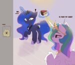  1_horn absurd_res black_neckwear black_tiara blue_eyeshadow blue_hair blue_tail cake crescent_moon_(marking) crown cutie_mark dessert dialogue digital_drawing_(artwork) digital_media_(artwork) dish duo english_text equid equine eyelashes eyeshadow feathered_wings feathers female female_feral feral food friendship_is_magic glowing glowing_horn hair hasbro headgear hi_res highlights_(coloring) hooves horn inside levitation light_switch looking_at_another magic makeup mammal markings moon_(marking) multicolored_hair my_little_pony mythological_creature mythological_equine mythology nnalyart open_mouth princess_celestia_(mlp) princess_luna_(mlp) purple_body purple_highlights purple_hooves purple_wings quadruped shaded sibling_(lore) sister_(lore) sisters_(lore) spiral_horn surprised tail teal_eyes text tiara white_body white_feathers white_horn winged_unicorn wings yellow_neckwear 