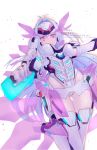  1girl android armor armored_leotard artist_name ass_visible_through_thighs breasts commentary_request cowboy_shot energy_weapon energy_wings english_text expressionless forehead_protector fynn2483 gloves glowing_crystal grey_hair headgear highres kos-mos kos-mos_re: large_breasts leotard long_hair purple_eyes signature simple_background solo very_long_hair watermark white_armor white_background white_leotard xenoblade_chronicles_(series) xenoblade_chronicles_2 xenosaga 