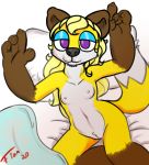  anthro breasts canid canine female fionthebunny fox genitals hair laying_on_bed looking_at_viewer mammal nipples nude pubes pussy simple_background smile solo 