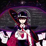  1girl ? abstract_background absurdres alternate_costume alternate_hairstyle artist_name black_cloak black_hat black_skirt book bow brown_hair cloak comet commentary constellation cube dark_background english_commentary english_text equation geometry hair_between_eyes hat hat_bow highres holding holding_book math necktie paper red_eyes ribbon shirt shirt_tucked_in skirt solo space standing star_(sky) string swirl touhou translated usami_renko white_ribbon white_shirt wrell 