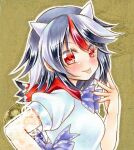  1girl :p black_hair blush breasts commentary cone_horns fingernails grey_horns highres horns kijin_seija long_fingernails long_hair looking_at_viewer medium_breasts multicolored_hair nekofish666 puffy_short_sleeves puffy_sleeves red_eyes red_nails red_streaks sharp_fingernails short_sleeves small_horns smile solo streaked_hair tongue tongue_out touhou upper_body watermark white_streaks 