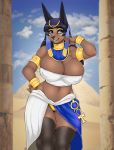  2020 anbs-02 anthro big_breasts blue_eyes breasts canid canine canis cleavage clothed clothing digital_media_(artwork) egyptian female hair hi_res jackal jewelry long_hair looking_at_viewer mammal navel niis smile solo zenonzard 