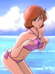  1girl :o bikini breasts brown_eyes brown_hair cleavage cloud commentary day earth_federation fraw_bow freckles gundam leaning_forward looking_at_viewer mobile_suit_gundam moroboshi_danshaku navel ocean outdoors pink_bikini polka_dot polka_dot_bikini sky solo swimsuit water 