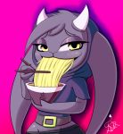  3_fingers anthro blush bowl chopsticks clothed clothing demon eating fingers food hi_res hood horn imp imp_(not_safe_for_reality) kanji male noodles not_safe_for_reality purple_body ramen smile smug solo yellow_eyes 