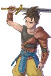  armor black_hair black_undershirt closed_mouth commentary_request dragon_quest dragon_quest_xii exhausted hero_(dq12) highres holding holding_sword holding_weapon leather_armor liu_(naiqin) looking_at_viewer mohawk pants shaved_head single_shoulder_pad single_sleeve spiked_hair sword toned toned_male weapon white_background yellow_pants 