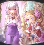  2girls absurdres bare_shoulders beatrice_(re:zero) blonde_hair blue_eyes blunt_bangs blush bodysuit bow braid breasts butterfly-shaped_pupils capelet clothing_cutout commentary crown dress drill_hair emilia_(re:zero) flower frilled_bow frills fur-trimmed_capelet fur_trim grey_hair hair_bow hair_flower hair_ornament highres justjast long_hair medium_breasts mini_crown multiple_girls official_alternate_costume open_mouth pink_bow pov purple_bodysuit purple_eyes re:zero_kara_hajimeru_isekai_seikatsu red_capelet red_dress shoulder_cutout single_braid symbol-shaped_pupils twin_drills worried 