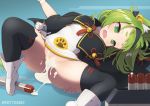  1girl after_sex after_vaginal animal_ear_fluff animal_ears azur_lane bell black_hairband black_legwear cum cum_in_pussy deto dress fang green_eyes green_hair hairband hand_on_own_thigh highres isokaze_(azur_lane) jingle_bell long_hair lying on_back open_mouth paw_print pussy short_dress solo sweat tears thighhighs thighs torpedo white_dress white_footwear 
