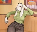  anthro autumn big_breasts boss_monster bottomwear bovid breasts caprine clothed clothing deltarune fangs female fur horizontal_pupils horn jeans lounging mammal milkydraws8 monster pants pupils red_eyes smile solo thick_thighs toriel undertale video_games warm_colors white_body white_fur wide_hips 