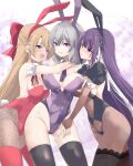  3girls :d absurdres animal_ear_hairband animal_ears arm_garter assault_lily asymmetrical_docking black_hairband black_leotard black_shrug black_thighhighs blush bodystocking bow braid breast_press breasts bridal_gauntlets brown_bridal_gauntlets brown_hair brown_pantyhose closed_mouth covered_navel cowboy_shot detached_sleeves fake_animal_ears floral_print girl_sandwich grey_hair hair_between_eyes hair_bow hairband half_updo hata_matsuri highleg highleg_leotard highres hug hug_from_side lace-trimmed_thighhighs lace_trim large_breasts leotard long_hair looking_at_another medium_breasts monica_rossi multicolored_hair multiple_girls necktie nose_blush open_mouth pantyhose playboy_bunny print_pantyhose puffy_short_sleeves puffy_sleeves purple_background purple_eyes purple_hair purple_hairband purple_leotard purple_necktie rabbit_ear_hairband rabbit_ears red_bow red_hairband red_leotard red_ribbon red_thighhighs ribbon sandwiched short_sleeves shrug_(clothing) side_braid smile standing streaked_hair takeda_mimi thighhighs thighhighs_over_pantyhose twin_braids two-tone_background urutsu_sahari v-shaped_eyebrows very_long_hair white_background white_streaks yuri 