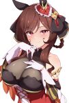  1girl absurdres animal_ears bare_shoulders blush braid braided_hair_rings breasts brown_hair cleavage closed_mouth commentary_request commission corset dress ear_covers gentildonna_(regina_dei_fiori)_(umamusume) gentildonna_(umamusume) gloves gold_trim hair_between_eyes hair_ornament hair_rings heart_ear_ornament highres horse_ears horse_girl huge_breasts looking_at_viewer mujin_(mujinzairaisen) pixiv_commission portrait red_corset red_eyes see-through_cleavage see-through_clothes simple_background sleeveless sleeveless_dress smile solo umamusume upper_body vertical-striped_sleeves white_background white_gloves 