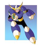  1boy android armor ballade_(mega_man) clenched_teeth dashing full_body gloves helmet highres mega_man_(classic) mega_man_(series) purple_armor purple_helmet red_eyes robot solo teeth toastiepumpkin two-tone_background white_gloves 