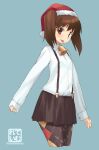  1girl argyle_clothes argyle_pantyhose bell blue_background blush brown_eyes brown_hair brown_skirt collared_shirt commentary_request cropped_legs hat kantai_collection long_sleeves neck_bell one-hour_drawing_challenge pantyhose ryuujou_(2014_christmas)_(kancolle) ryuujou_(kancolle) santa_hat shirt simple_background skirt sleeves_past_wrists solo suspenders temurei_(vovovov) tongue tongue_out white_shirt 