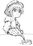  2girls bow collared_shirt commentary_request dejuridu05 drawing_(action) greyscale hat hat_bow long_sleeves maribel_hearn medium_hair mob_cap monochrome multiple_girls necktie open_mouth pencil shirt sleeve_garter smile solo_focus touhou usami_renko yukkuri_shiteitte_ne 