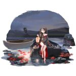  1girl absurdres architecture bare_legs bell black_kimono boat breasts brown_hair chouchin-obake cloud cloudy_sky collarbone covered_face drill_hair drill_sidelocks east_asian_architecture floral_print flower full_body game_asset hair_flower hair_ornament highres holding holding_lantern japanese_clothes jingle_bell kimono kimono_partially_removed landscape lantern last_origin lily_bloomerchen long_hair long_tongue looking_at_viewer medium_breasts nail_polish neck_bell night non-web_source obi obijime official_alternate_costume official_art okobo on_rock one_eye_covered oni outdoors paper_lantern parted_lips platform_sandals red_eyes red_flower red_nails river sandals sash sharp_teeth sidelocks sitting sky soaking_feet solo soulworker spider_lily tachi-e taesi teeth toenail_polish toenails tongue transparent_background twintails water watercraft wide_sleeves 