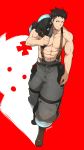  1boy abs absurdres akitaru_oubi baggy_pants bara black_hair brown_hair chest en&#039;en_no_shouboutai full_body highres kuroshinki male_focus muscle navel pants pectorals shirtless shoes short_hair solo suspenders 