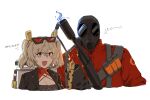  1girl 1other :d blonde_hair blue_fire bodysuit breasts burnice_white cleavage commentary crossover daresuki_05 eyewear_on_head fire flamethrower gas_cylinder gas_mask highres looking_at_viewer mask open_mouth pyro_(tf2) red-tinted_eyewear red_bodysuit red_eyes red_pyro_(tf2) respirator simple_background smile sunglasses team_fortress_2 tinted_eyewear trait_connection translation_request twintails weapon white_background zenless_zone_zero 