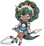  1girl absurdres armor curly_hair dark-skinned_female dark_skin dinosaur_girl dinosaur_tail empty_eyes fake_eyelashes fingerless_gloves fingernails frilled_sleeves frills gloves green_hair grey_hair gyaru gyaru_v hair_horns highres holding holding_weapon kemono_friends lipstick long_fingernails loose_socks maid_headdress makeup manba_gyaru miniskirt multicolored_hair official_style orange_eyes orange_hair orange_nails original panda_makeup puffy_sleeves purple_hippo self-upload skirt socks solo tail triceratops v weapon white_lips yoshizaki_mine_(style) 