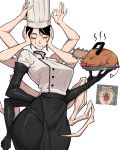  1boy 1girl absurdres arthropod_limbs black_tears blood blood_drip blood_from_eyes chainsaw chainsaw_man chef chef_hat closed_eyes cowboy_shot death demon denji_(chainsaw_man) disembodied_head extra_arms falling_devil_(chainsaw_man) flat_top_chef_hat hat highres holding holding_detached_head long_arms long_hair meme ok_sign open_mouth pochita_(chainsaw_man) pull_cord severed_head solo white_background wott x_x 