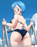  1girl absurdres ass bikini blue_eyes blue_hair blush breasts bulma cowboy_shot day dragon_ball dragon_ball_z earrings echo_saber highres jewelry large_breasts looking_at_viewer looking_back navy_blue_bikini o-ring o-ring_bikini outdoors reference_work short_hair solo summer swimsuit thick_thighs thighs umbrella wet 