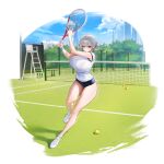  1girl absurdres black_bra black_buruma bra bra_visible_through_clothes breasts buruma chano39 closed_mouth covered_navel grey_eyes grey_hair gym_uniform highres holding holding_tennis_racket large_breasts long_hair looking_at_viewer mole mole_under_mouth original racket see-through_clothes see-through_shirt shirt shirt_tucked_in solo sweat sweatband tennis_net tennis_racket thick_thighs thighs underwear v-shaped_eyebrows wet wet_clothes wet_shirt white_shirt 