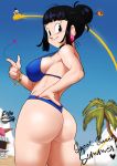  absurdres ass bikini blue_bikini breasts chi-chi_(dragon_ball) dragon_ball dragon_ball_(object) dragon_ball_super dragon_ball_z echo_saber flying_nimbus highres ice_cream_cone large_breasts looking_at_viewer looking_back smile son_gokuu swimsuit thighs turning_head 