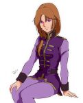  1girl breasts commentary_request gundam gundam_unicorn highres long_hair long_sleeves looking_at_viewer marida_cruz military military_uniform neo_zeon orange_hair pgmajimaji ponytail purple_eyes simple_background sitting smile solo white_background 