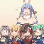  5girls :d ^_^ alternate_breast_size alternate_height animal_ears ayasaka bangs bare_shoulders blue_hair blue_kimono blush blush_stickers bow braid breasts bunny_ears carrot_hair_ornament catchphrase cleavage cleavage_cutout closed_eyes commentary_request detached_sleeves don-chan_(hololive) double_bun drooling eyepatch food_themed_hair_ornament grey_hair hair_bow hair_intakes hair_ornament hairband hat heart heart-shaped_pupils height_difference hololive houshou_marine japanese_clothes kimono large_breasts long_hair multiple_girls open_mouth orange_eyes pirate_hat red_eyes red_hair shiranui_flare shirogane_noel short_hair sidelocks skull_hair_ornament sleeves_past_wrists smile symbol-shaped_pupils tan_background thick_eyebrows twin_braids twintails uruha_rushia usada_pekora white_bow 