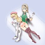  2girls agnes_claudel ass ass_smack blonde_hair braid braided_base braided_bun bun_with_braided_base coat crown_braid eiyuu_densetsu elaine_auclair green_eyes hair_between_eyes hair_bun humiliation kai_no_kiseki kuro_no_kiseki_(series) kuro_no_kiseki_i kuro_no_kiseki_ii multiple_girls open_mouth over_the_knee spanked umaru_note white_coat 