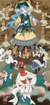  4girls bad_source black_hat black_shoes blonde_hair blue_hair broom broom_riding brown_background chinese_clothes chinese_commentary commentary_request earrings frilled_hair_tubes frills hair_tubes hakurei_reimu halo hand_up hanfu haniwa_(statue) haniyasushin_keiki hat headscarf highres jewelry kirisame_marisa konpaku_youmu konpaku_youmu_(ghost) long_hair long_sleeves magatama magatama_necklace multiple_girls necklace open_mouth purple_eyes raft rakuichi red_eyes red_hanfu seal_impression sheath sheathed shoes sleeves_past_wrists standing sword touhou weapon white_hair white_hanfu wide_sleeves witch_hat xiangyun zhongguo_hua zhuang_clothes 