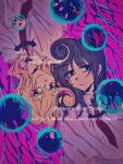  2girls alternate_costume alternate_eye_color alternate_hair_length_(longer) bandaid bandaid_on_face black_hair blonde_hair blue_eyes bow branch capelet chinese_commentary clasp closed_mouth collared_shirt commentary_request crystal_wings english_text flandre_scarlet gap_(touhou) hair_bow hakurei_reimu hat highres houraisan_kaguya jeweled_branch_of_hourai kirisame_marisa long_hair looking_at_viewer maribel_hearn missing_headwear multiple_girls necktie open_mouth oriharareimu partial_commentary pink_background purple_eyes red_bow red_necktie shirt smile soap_bubbles star_(symbol) swirl touhou twintails usami_renko usami_sumireko white_capelet white_shirt wings yakumo_yukari 