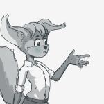  1:1 ambiguous_fluids anthro button_(fastener) clothed clothing female flat_chested fur hair hi_res lstvz mammal monochrome rodent sciurid simple_background solo tama-tama white_background young 