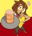  accessory alcohol anthro beer beverage brown_body brown_fur brown_hair clothed clothing domestic_cat felid feline felis female fully_clothed fur gameoverse glitch_productions hair hi_res kit_bodega legwear lipstick makeup mammal necktie pink_eyes playboy_bunny playboy_outfit solo standing stockings waiter yeenlidae 