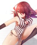  1girl black_gloves black_legwear bra breasts brown_hair cleavage_cutout elbow_gloves gloves konohana_saku large_breasts original outstretched_arms panties red_eyes serious side-tie_panties standing standing_on_one_leg striped striped_bra striped_panties twintails underwear 