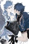  2boys absurdres blue_hair cape cu_chulainn_(caster)_(fate) cu_chulainn_(fate) cu_chulainn_(fate/prototype) earrings fate/grand_order fate_(series) fur-trimmed_cape fur_trim gloves highres jewelry long_hair male_focus metama multiple_boys ponytail red_eyes shirt simple_background white_background yaoi 