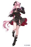  1girl black_gloves black_jacket black_skirt boots breasts buckle copyright_notice cropped_jacket full_body fur-trimmed_jacket fur_trim gary_huang gloves hair_tie highres holding holding_microphone hololive hololive_english jacket lace microphone mori_calliope mori_calliope_(grimoire) official_art parted_lips pink_hair red_skirt simple_background skirt smile solo standing teeth two-tone_skirt virtual_youtuber watermark white_background 