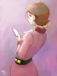  1girl belt breasts brown_eyes brown_hair collared_dress commentary dress earth_federation fraw_bow freckles from_behind from_side gundam hand_up holding holding_phone looking_at_viewer looking_back military_uniform mobile_suit_gundam moroboshi_danshaku nape phone pink_dress signature simple_background small_breasts solo 