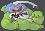  anglerfish anthro aquatic belly blue_head bone chiba_lotte_marines dark_grey_lips fish green_arms green_legs happy hi_res lips lying_on_ground male mascot muscular muscular_male mysterious_fish nazo_no_sakana on_ground pecs pink_lips ravuer silly_face simple_background skeleton slightly_chubby slightly_chubby_male small_eyes smile solo white_belly 